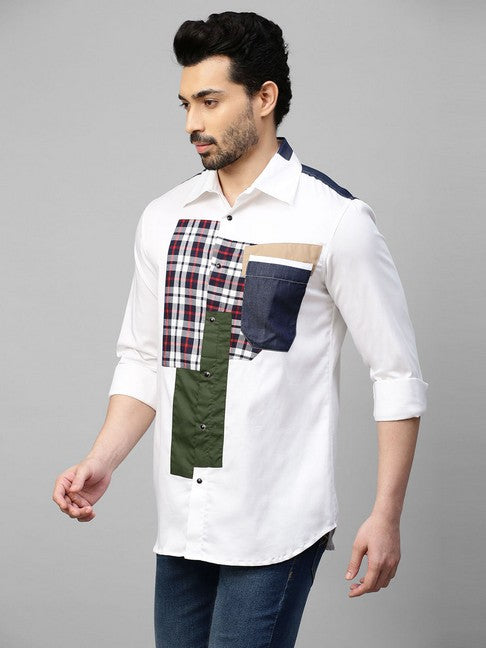 White shirt with denim and multicolor patchwork on shoulders, plaket and pocket