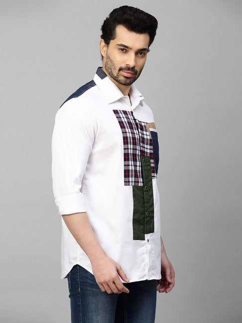 White shirt with denim and multicolor patchwork on shoulders, plaket and pocket