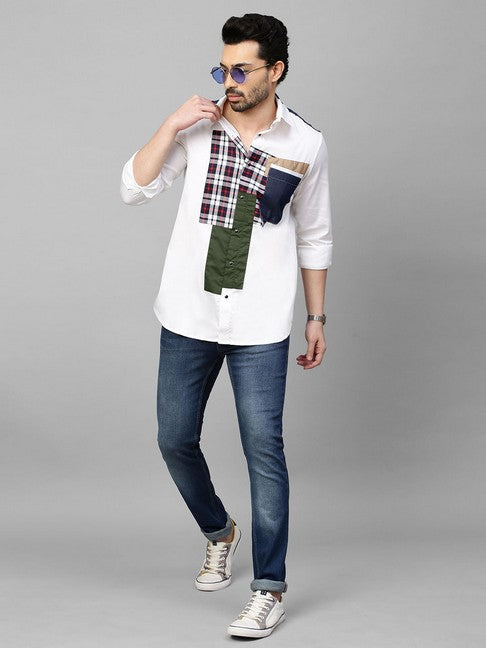 White shirt with denim and multicolor patchwork on shoulders, plaket and pocket