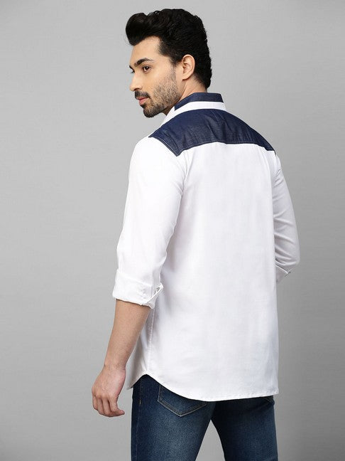 White shirt with denim and multicolor patchwork on shoulders, plaket and pocket