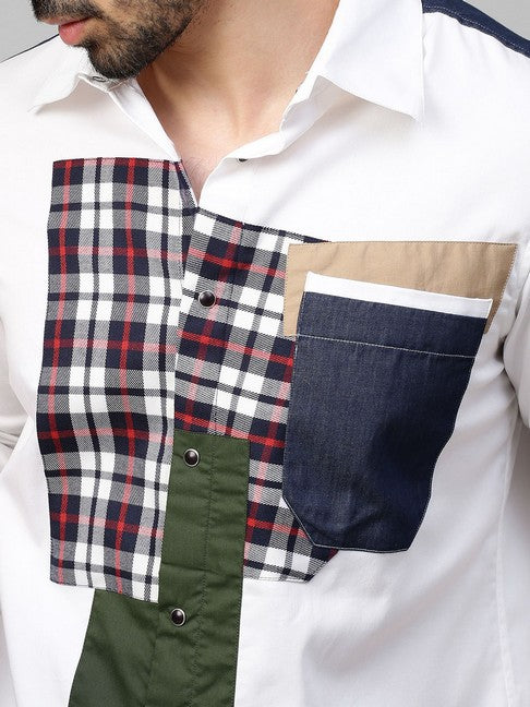 White shirt with denim and multicolor patchwork on shoulders, plaket and pocket