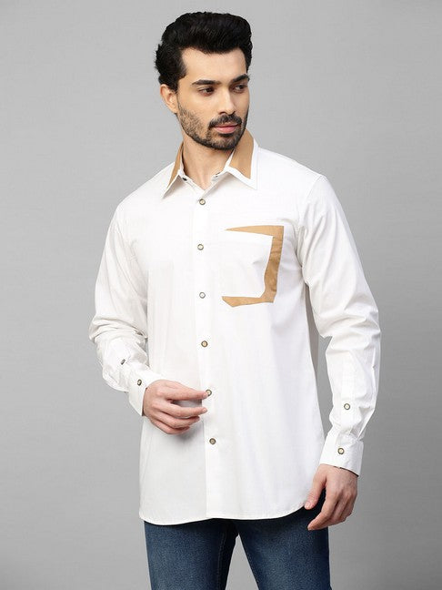 White shirt with Khaki patchwork on collar and pocket