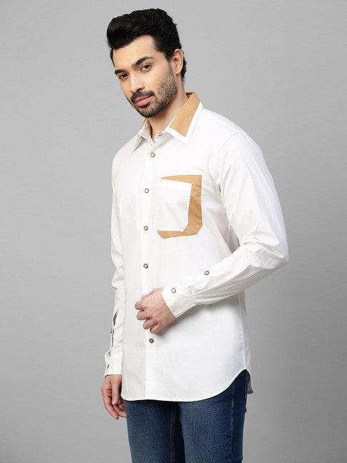 White shirt with Khaki patchwork on collar and pocket