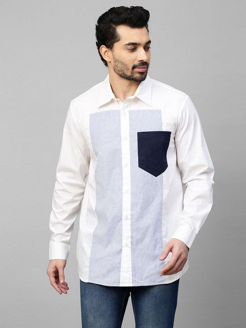 White shirt with Blue stripes panel on chest and dark blue pocket