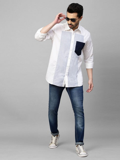 White shirt with Blue stripes panel on chest and dark blue pocket