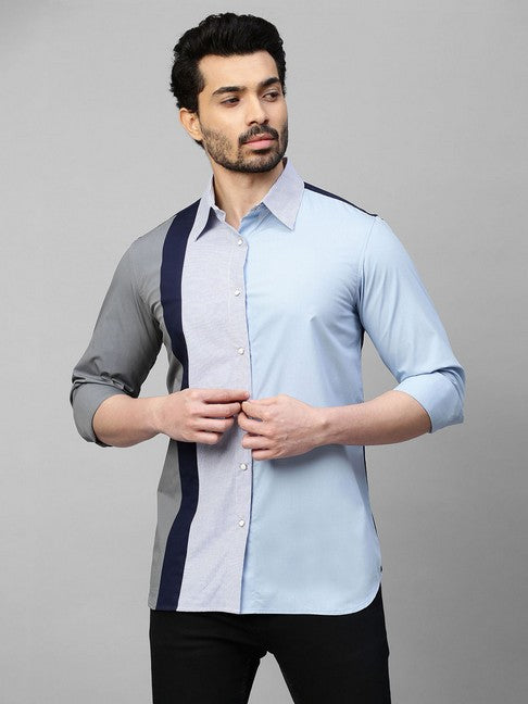 Light blue shirt with gray, dark blue and blue stripes panel on one side