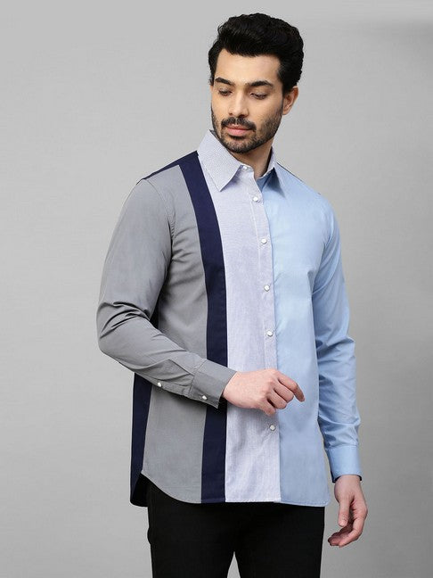 Light blue shirt with gray, dark blue and blue stripes panel on one side