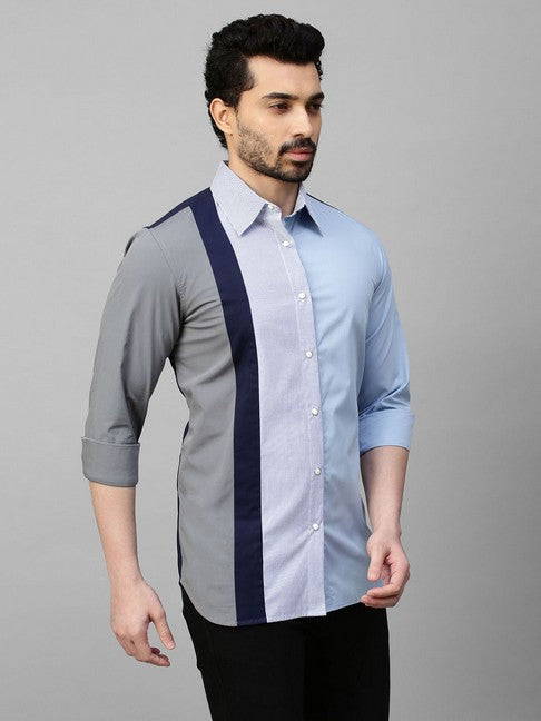 Light blue shirt with gray, dark blue and blue stripes panel on one side