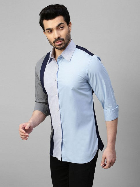 Light blue shirt with gray, dark blue and blue stripes panel on one side