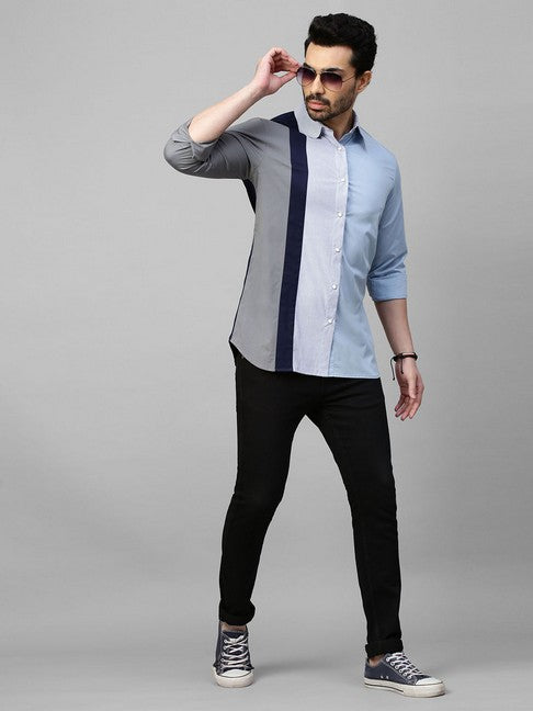 Light blue shirt with gray, dark blue and blue stripes panel on one side