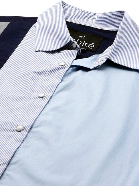 Light blue shirt with gray, dark blue and blue stripes panel on one side