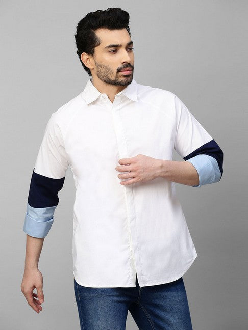 White shirt with white, dark blue and light blue banded sleeves