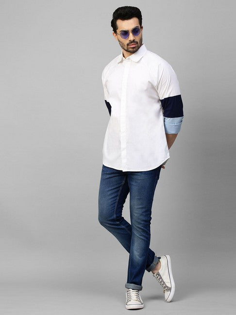 White shirt with white, dark blue and light blue banded sleeves