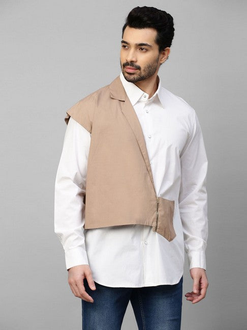 White shirt with double layered Khaki zippered jacket feature