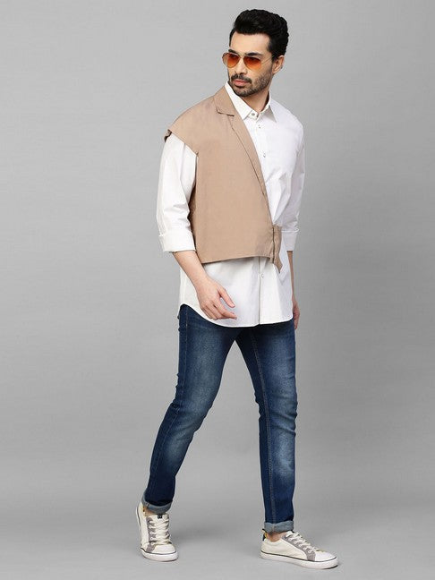 White shirt with double layered Khaki zippered jacket feature