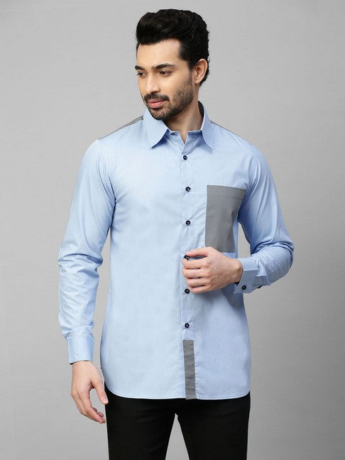 Light blue shirt with gray straps on shoulders, pocket and plaket