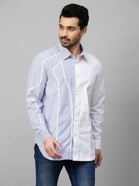 White shirt with blue stripes and piping panel on one side