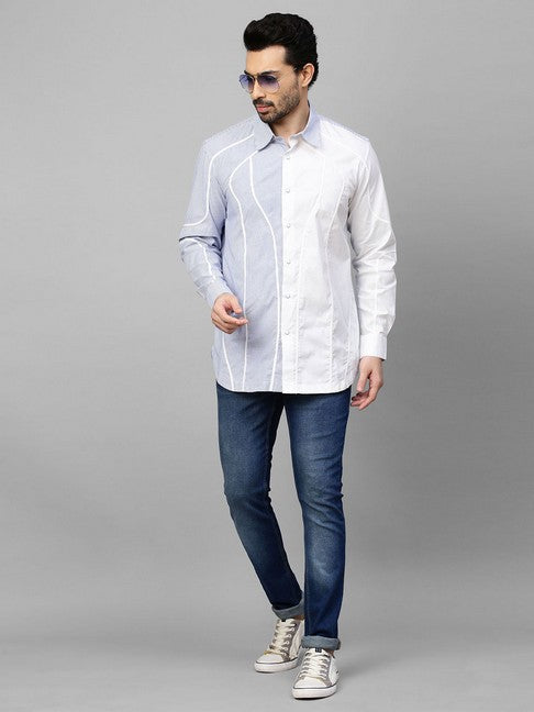 White shirt with blue stripes and piping panel on one side