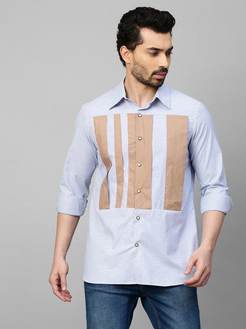 Blue striped shirt with light Khaki patches on the chest