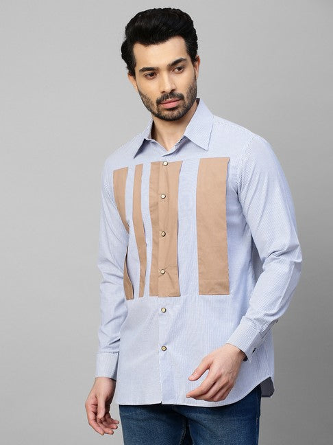 Blue striped shirt with light Khaki patches on the chest