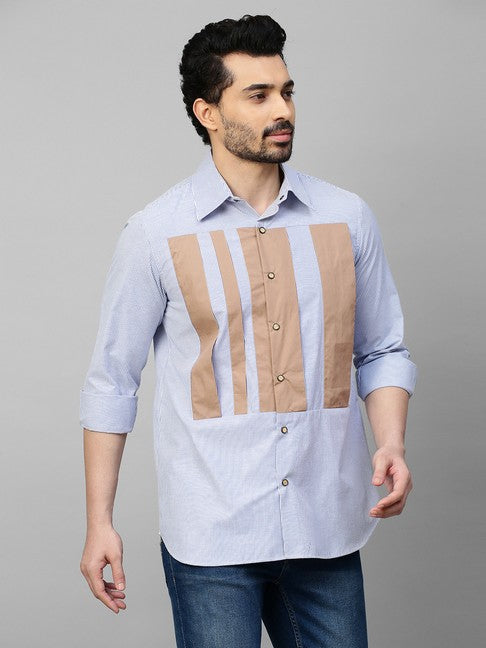 Blue striped shirt with light Khaki patches on the chest