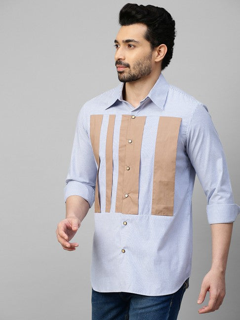 Blue striped shirt with light Khaki patches on the chest