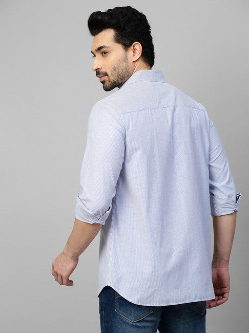 Blue striped shirt with light Khaki patches on the chest