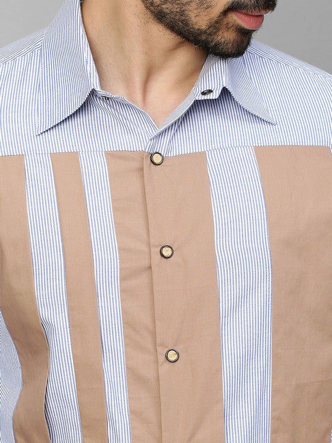 Blue striped shirt with light Khaki patches on the chest