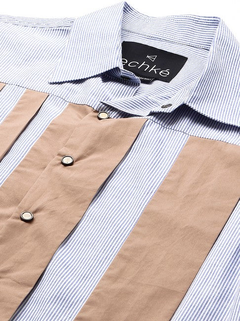 Blue striped shirt with light Khaki patches on the chest