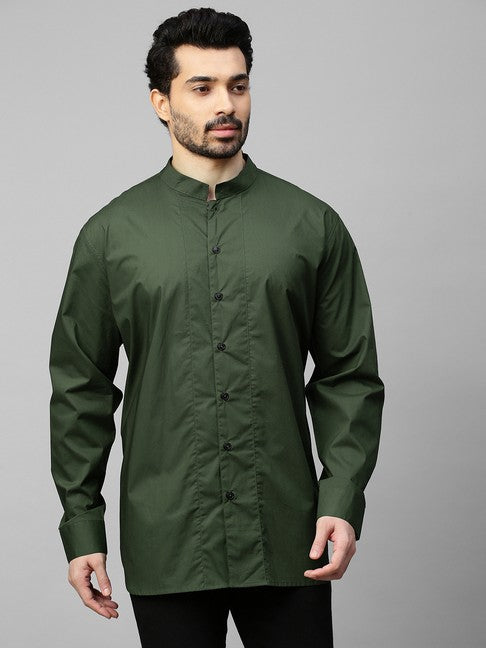 Military green shirt with chinese collar and grey zipper feature at the back