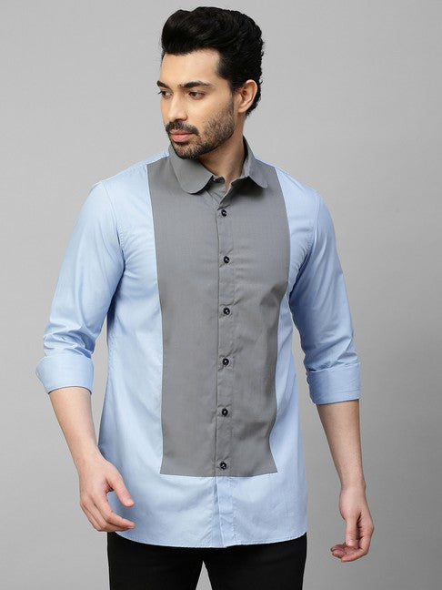 Light blue shirt with gray front panel and rounded collar