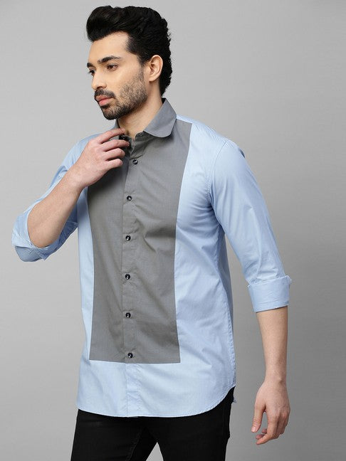 Light blue shirt with gray front panel and rounded collar