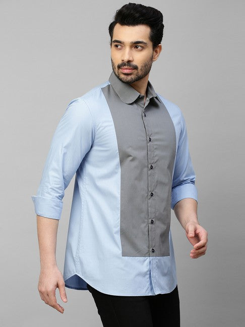 Light blue shirt with gray front panel and rounded collar