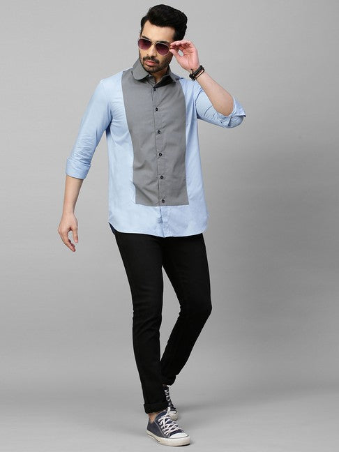 Light blue shirt with gray front panel and rounded collar