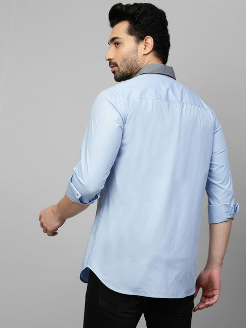 Light blue shirt with gray front panel and rounded collar