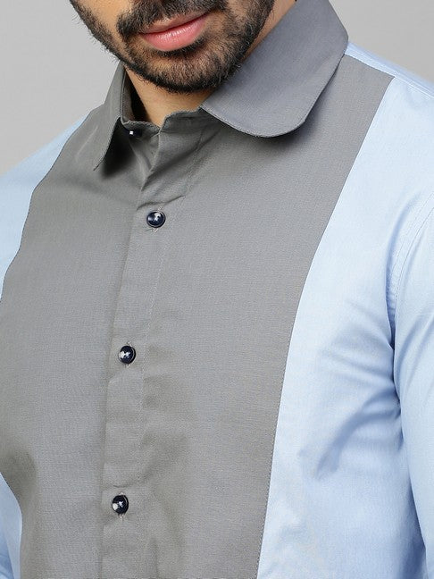 Light blue shirt with gray front panel and rounded collar