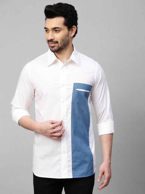 White shirt with slate blue patch on one side with slit pocket feature