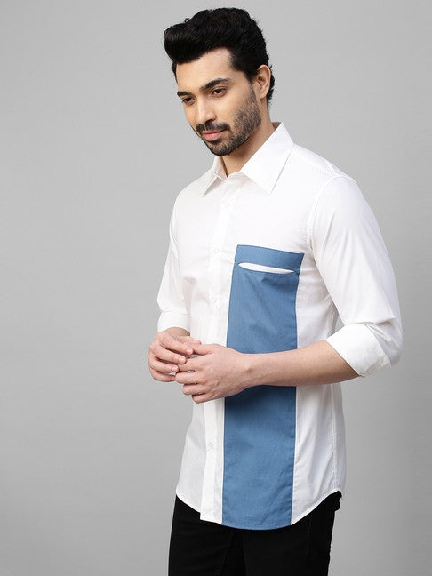 White shirt with slate blue patch on one side with slit pocket feature