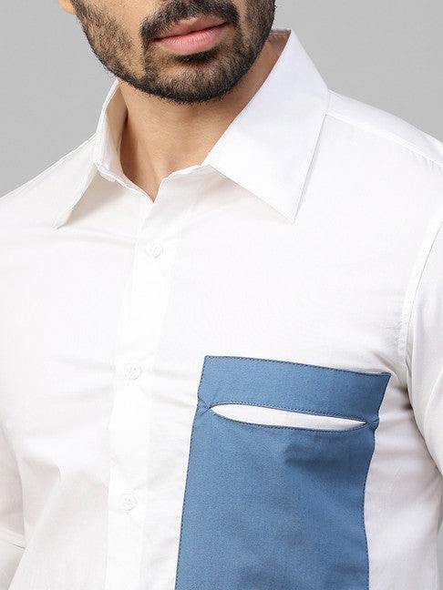 White shirt with slate blue patch on one side with slit pocket feature