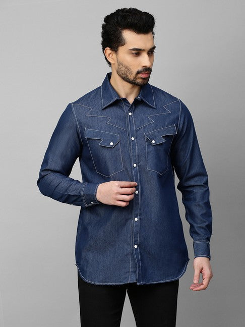 Denim shirt with white stitching and lightning feature