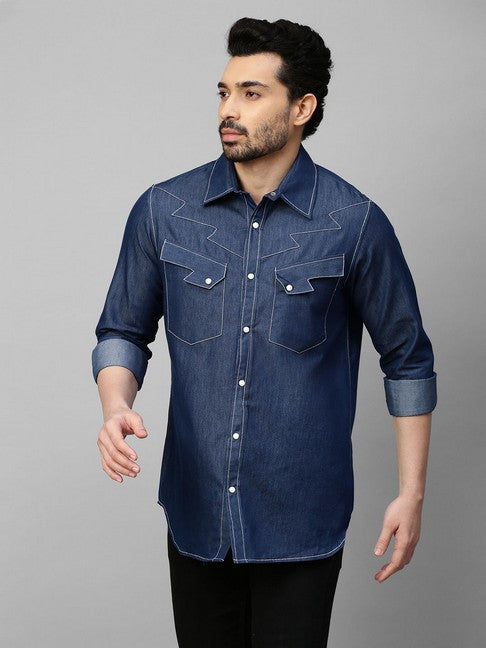 Denim shirt with white stitching and lightning feature