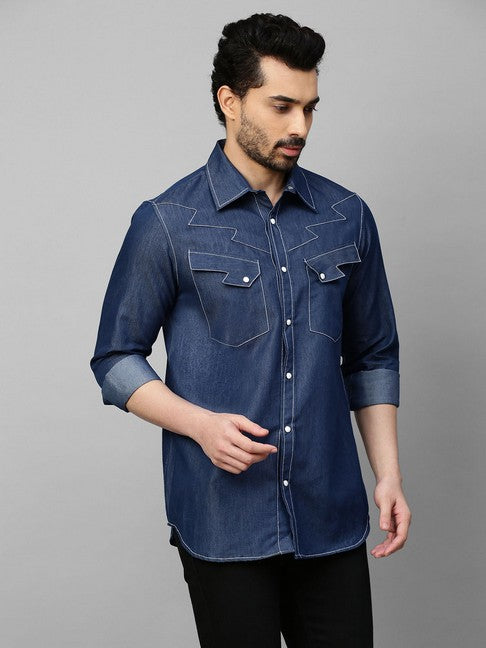 Denim shirt with white stitching and lightning feature