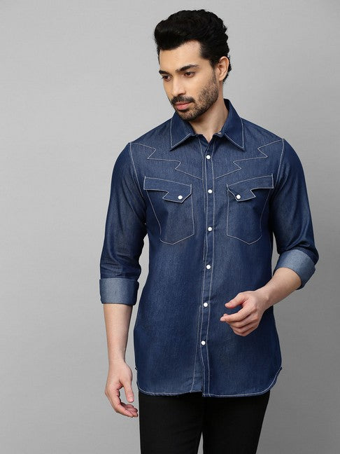 Denim shirt with white stitching and lightning feature