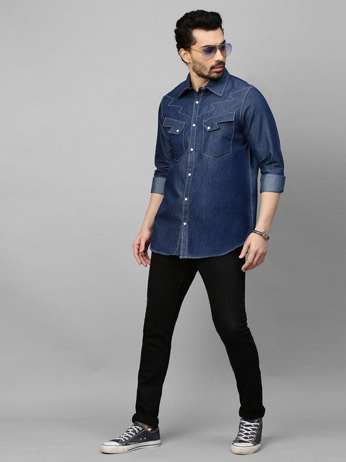 Denim shirt with white stitching and lightning feature