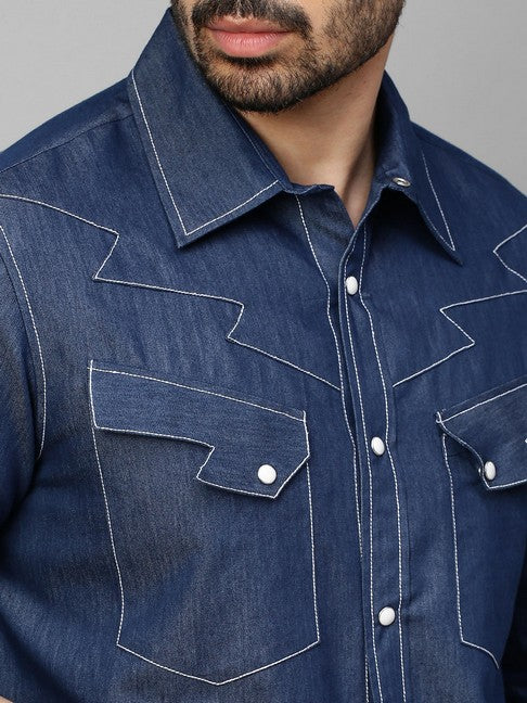 Denim shirt with white stitching and lightning feature