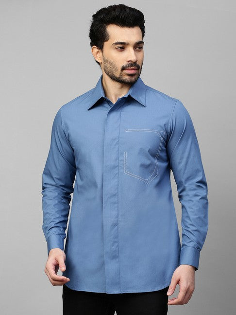 Slate Blue shirt with white stitching half pocket feature