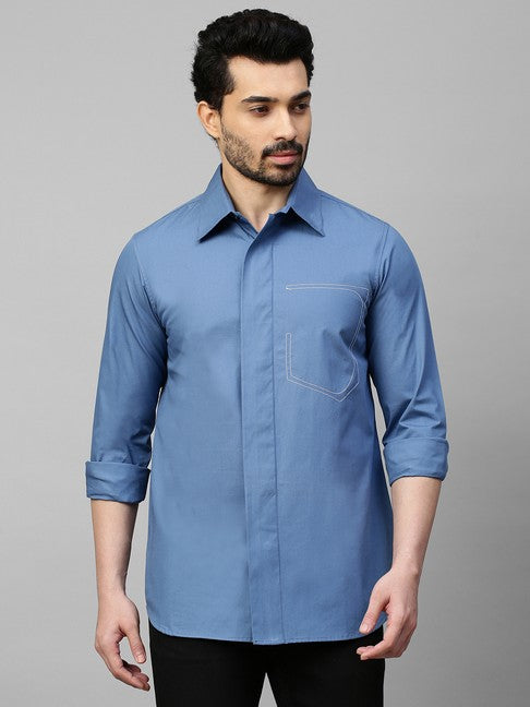 Slate Blue shirt with white stitching half pocket feature