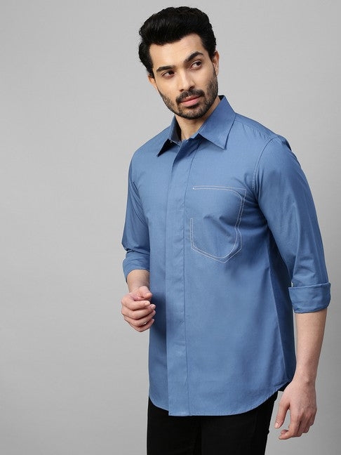 Slate Blue shirt with white stitching half pocket feature