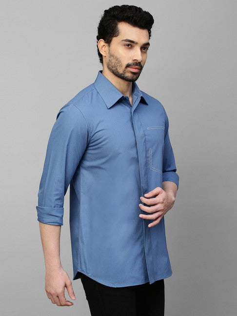 Slate Blue shirt with white stitching half pocket feature