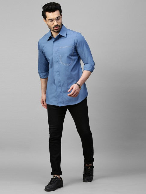 Slate Blue shirt with white stitching half pocket feature